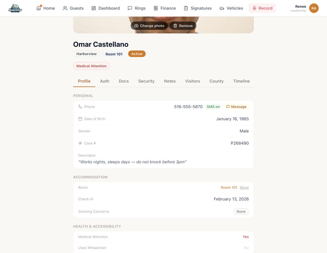 A guest profile showing personal details, accommodation, and health and accessibility information.