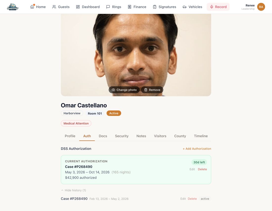 A complete guest record with profile photo, placement details, documents and linked activity.