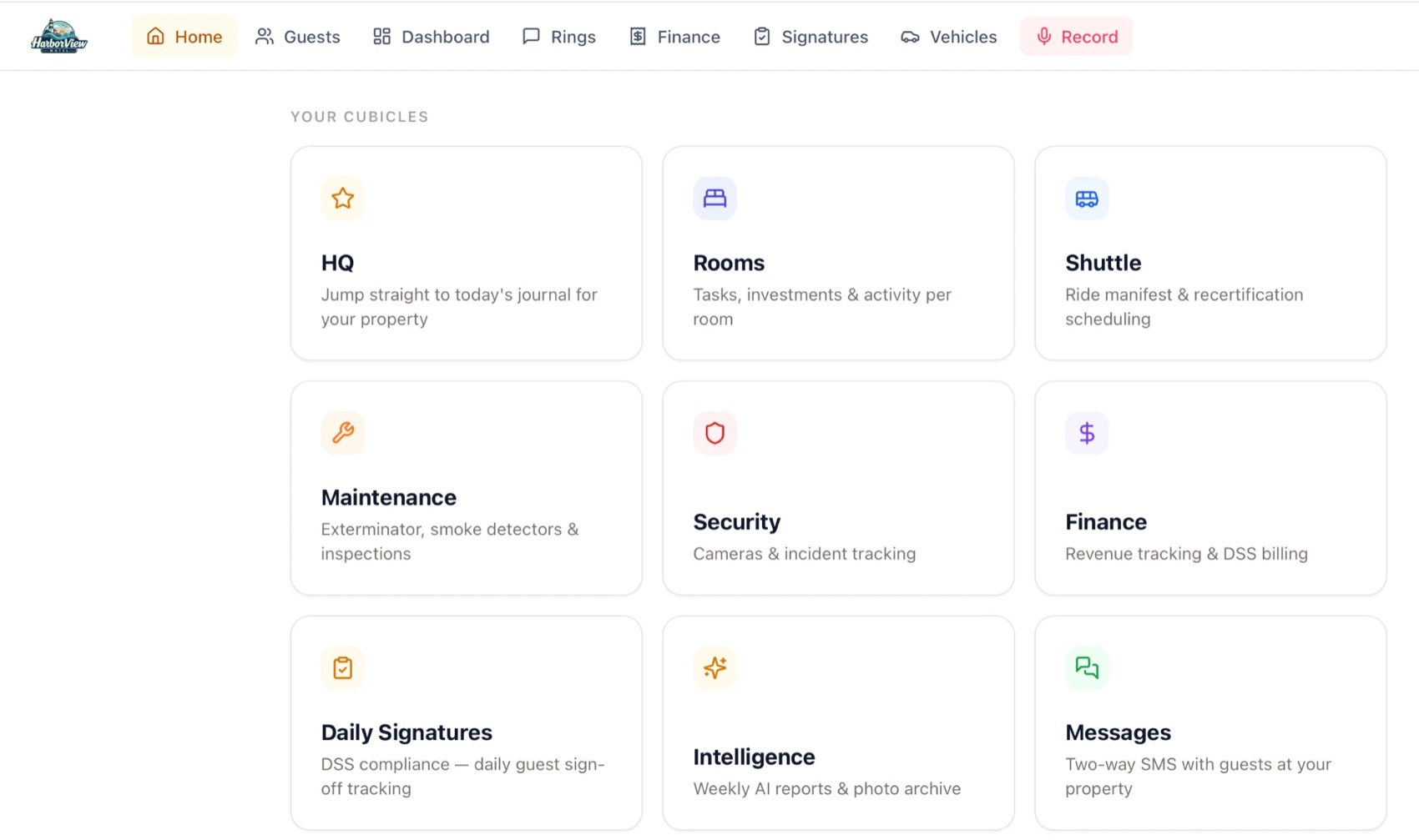 The Emergency Housing Connect home screen, showing the property nav and cards for HQ, rooms, shuttle, maintenance, security, finance, daily signatures, intelligence and messages.